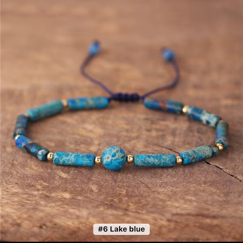 Blue Jasper Stone & Gold Tone Beaded Bracelet w/Central Focal Bead, Adjustable